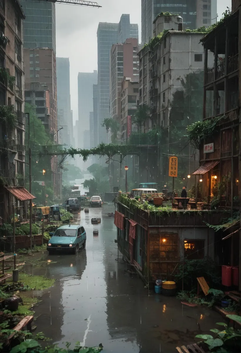 Stable Diffusionで作成された、建物や通りに密集した植物が生い茂る黙示録後の都市シーン