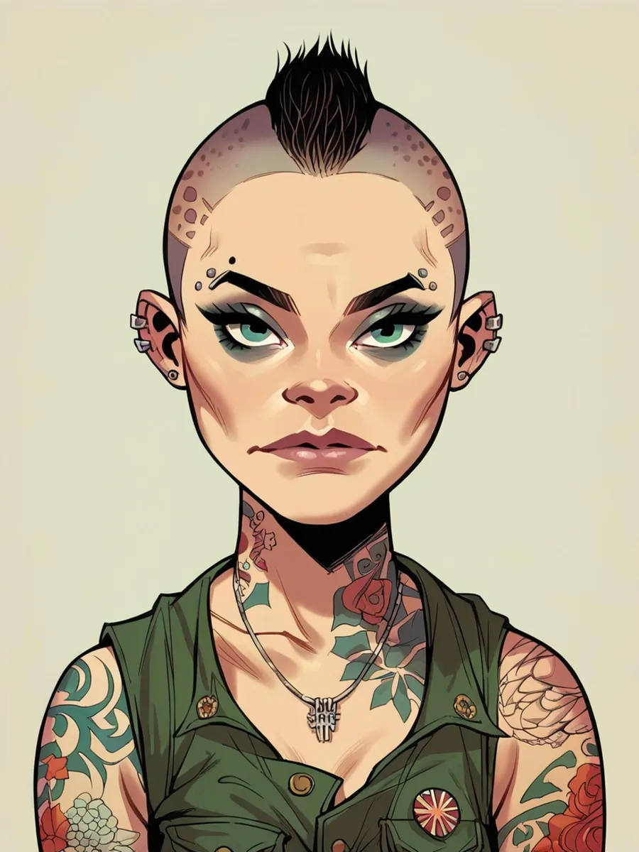 Immagine d'arte digitale di una donna punk con tatuaggi, creata usando Stable Diffusion.