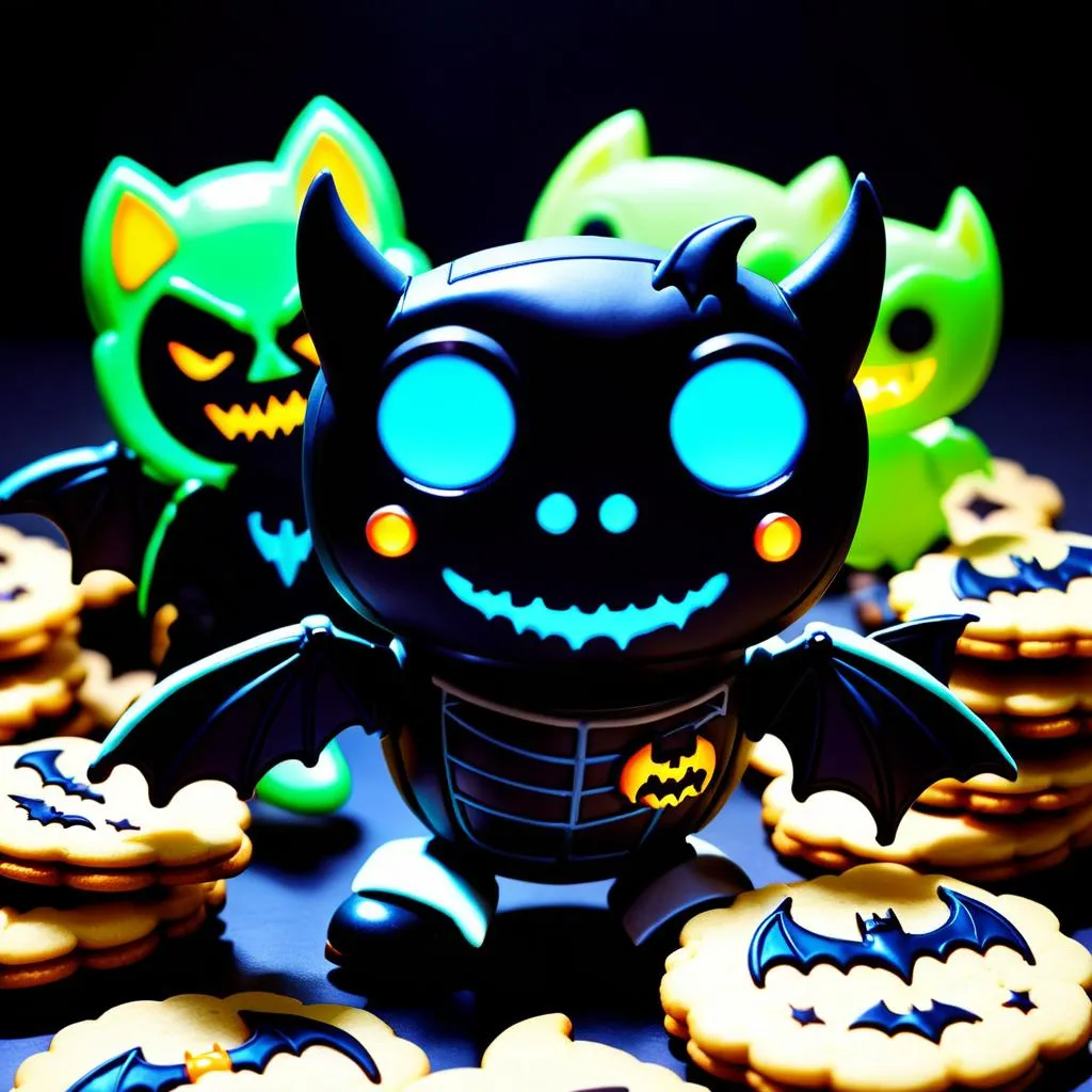 Figure robotiche di Halloween con volti luminosi circondate da biscotti a forma di pipistrello. Questa è un'immagine generata da AI usando Stable Diffusion.