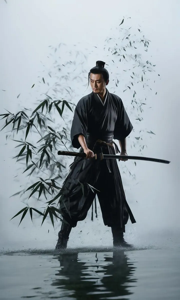 AI generated image using Stable Diffusion of a female samurai warrior with white hair and black armor with golden details, holding a katana.