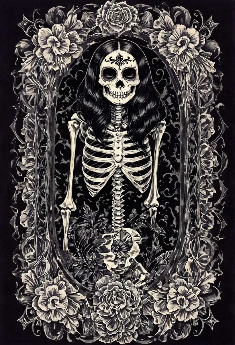 ゴシックスタイルのフローラルモチーフに囲まれたDia de la Muerteの顔を持つスケルトン。