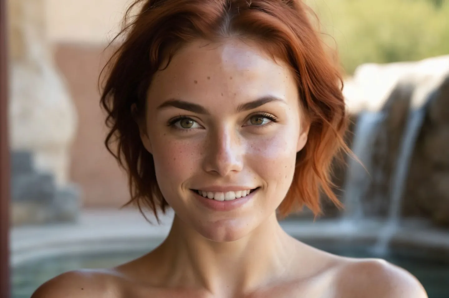 A close-up portrait of a smiling woman with short red hair, captured against a soft background using AI generated image with Stable Diffusion.
