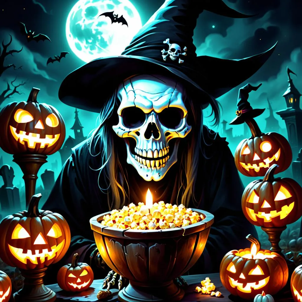 Una scena di Halloween spettrale con una strega scheletro con cappello a punta circondata da zucche intagliate che brillano.