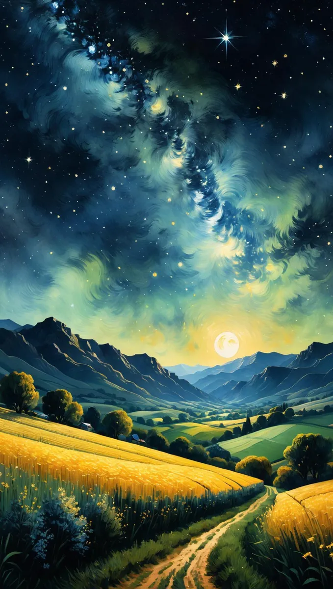 Una straordinaria immagine generata da AI usando Stable Diffusion che mostra un vasto paesaggio sotto un cielo notturno punteggiato di stelle.