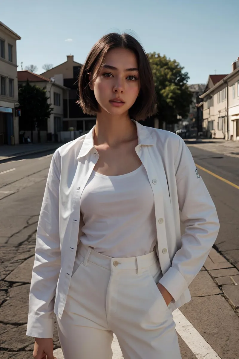 白い服装の女性のストリートポートレート。Stable Diffusionを使用したAI生成画像。