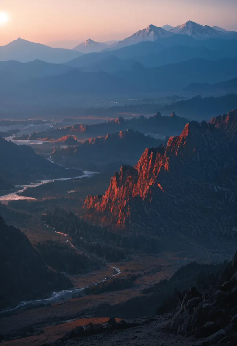 A serene valley with mountains illuminated by a sunset, showcasing an exquisite blend of soft pastel hues and intricate details generated by AI using Stable Diffusion.