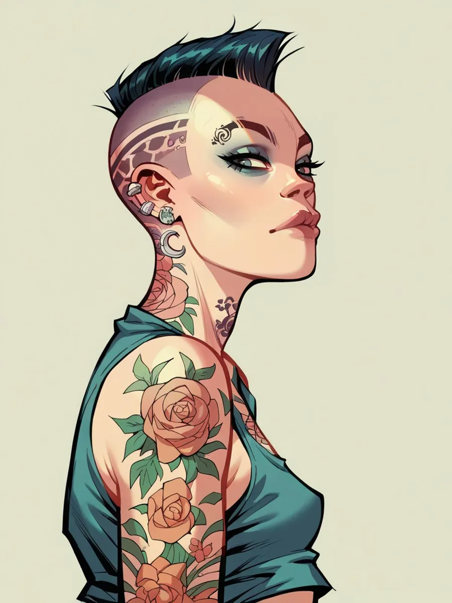 Una donna in stile cyberpunk con tatuaggi, con rose sul braccio e motivi geometrici sulla testa rasata. Immagine generata da AI utilizzando stable diffusion.