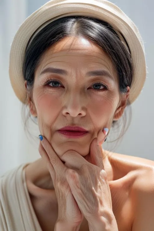 ファッションの要素を取り入れた、オートクチュールの白髪の女性の写実的なポートレート。
