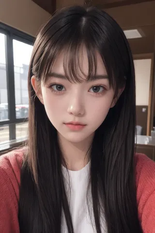 Close-up portrait of a girl with long dark hair and soft expression, illuminated by natural light from a window indoors.