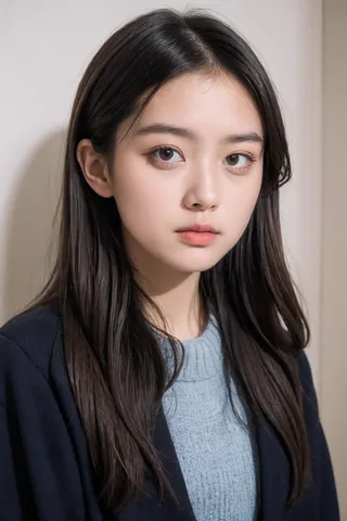 Portrait of a young woman with long dark hair, natural makeup, wearing a blue sweater and black jacket, with soft indoor lighting.