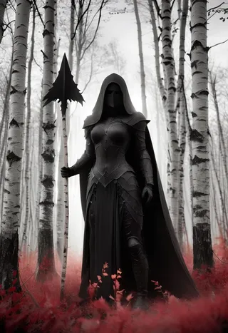 A dark, cloaked mushroom woman stands in a birch forest holding a black spear, surrounded by red-tinged foliage and atmospheric cinematic haze.
