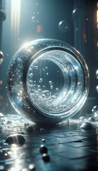 A transparent, iridescent sphere lying on a wet, textured surface, illuminated by dramatic cinematic lighting, with numerous bubbles inside and scattered around.