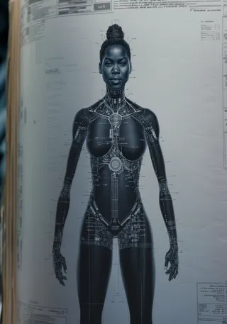 A realistic sci-fi blueprint of a black woman fused with intricate engineering schematics and draft notes, shown in cinematic 35mm soft focus.