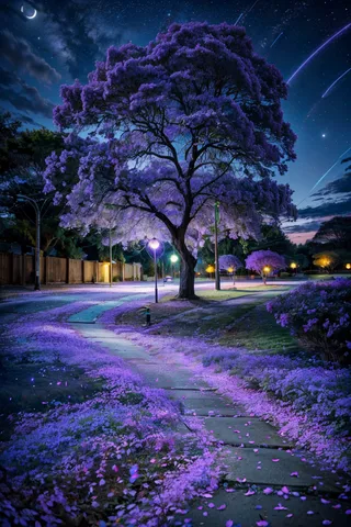 A glowing purple flower tree on a peaceful night street lined with luminescent petals and fireflies under a moonlit sky