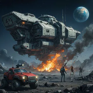 Astronave futuristica sospesa sopra un paesaggio desolato con una grande esplosione sullo sfondo, un veicolo rosso in primo piano e soldati spaziali armati nelle vicinanze sotto un cielo stellato.