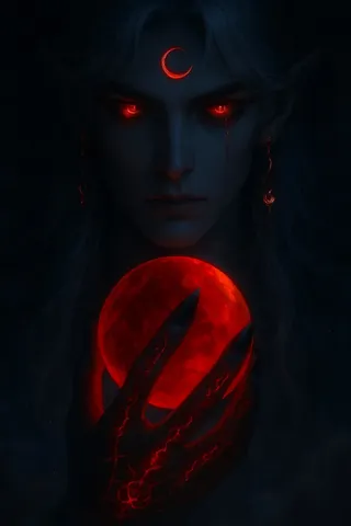 Una figura mística andrógina con piel pálida y etérea y cabello largo plateado, ojos rojos brillantes y diseños rojos luminosos en sus dedos, sosteniendo un orbe rojo brillante contra un fondo oscuro y brumoso.