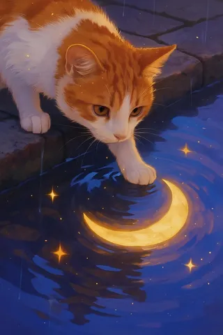 Un dipinto digitale di un gatto rosso tigrato con zampe e ventre bianchi, che immerge la zampa in una superficie d'acqua riflettente che mostra una luna crescente luminosa e stelle.