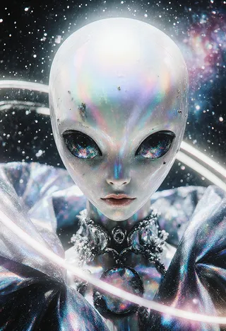 Hyper-stylized portrait of an alien with a smooth, elongated head reflecting a pearlescent sheen, wearing iridescent cosmic fashion and surrounded by a halo of stardust.