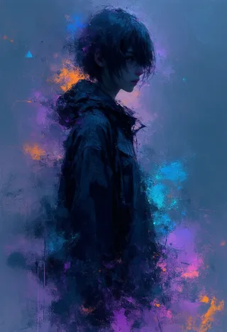 Un retrato fragmentado estilo anime de una persona joven rodeada de colores abstractos azul eléctrico, naranja intenso y púrpura magullado en una estética digital y desgastada.