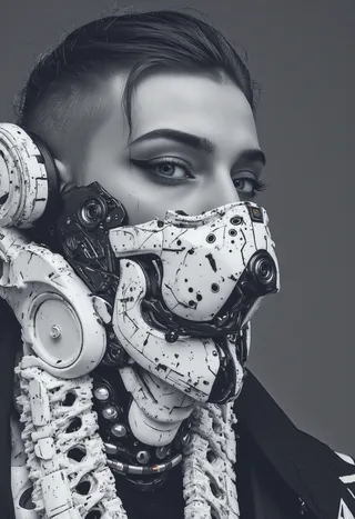 Portrait of a humanoid figure featuring a detailed white and black robotic mask with cyberpunk elements, showing human eyes and hair