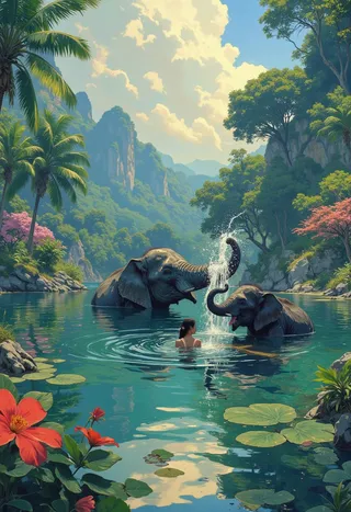 Una escena fotorrealista de una mujer bañándose feliz en un lago con dos elefantes, uno bebé, rodeados por una vibrante selva paradisíaca con flores tropicales y acantilados montañosos.