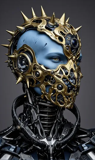 Photo-realistic image of a futuristic humanoid robot with blue skin, wearing an intricate gold mask adorned with spikes and mechanical components.