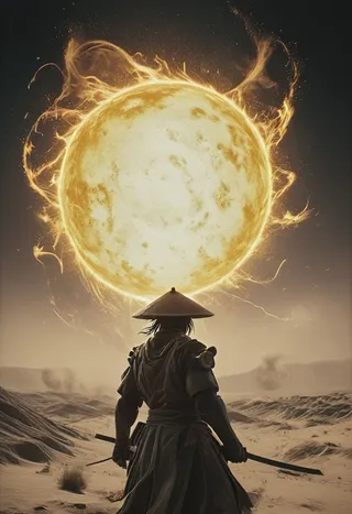 A weathered cyborg samurai stands in a bleached white desert, wearing a large sedge hat, holding glowing orbs with swirling electricity beneath a massive luminous orb in the sky.