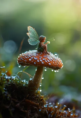 A tiny fairy with translucent wings sits delicately on a dew-covered mushroom in morning light.