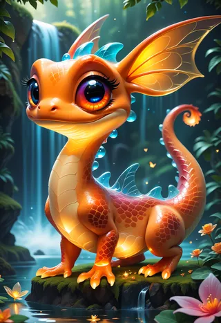 A macro photo of a glowing translucent glass dragon frog with large expressive eyes, standing on mossy rocks near a waterfall surrounded by flowers and magical sparkles.