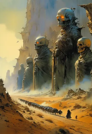 Fantasy landscape featuring massive skull statues with glowing eyes towering over a desert caravan, rendered in Frank Frazetta and Boris Vallejo art styles with intricate details.