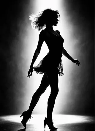 High contrast black and white full body silhouette of a girl dancing with messy hair against a bright light background, showing dynamic motion and graceful pose.