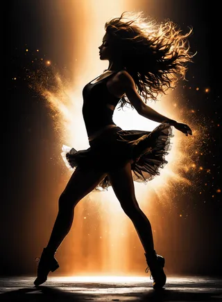 Silhouette of a dancing girl with messy hair and a flowing skirt, highlighted by red and ocher side lighting against a dark background.