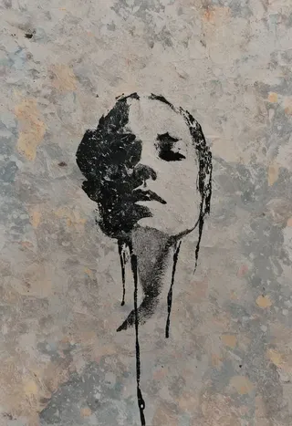 Abstract impasto oil painting of a woman's half-length silhouette with thick textured black paint overlaying a muted beige and gray background.