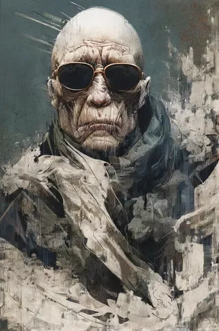 A frail and ghostly male spirit wearing glasses and a military-style coat, rendered with chaotic brush strokes in a realistic concept art style.