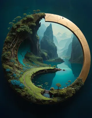 Circular landscape with lush vegetation and mystical mountain lake within a giant ancient ring, showing surreal cliffs and serene water.