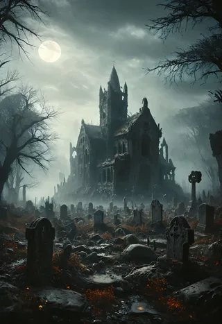 A dark gothic cemetery scene at night with a full moon illuminating a decrepit old castle in the background, fog covering aged tombstones, and eerie shadows.