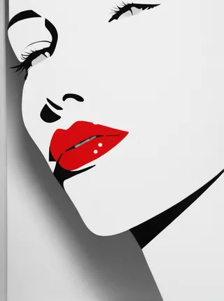 Minimalistic black and white graphic design of a woman’s face with high contrast and striking red lips