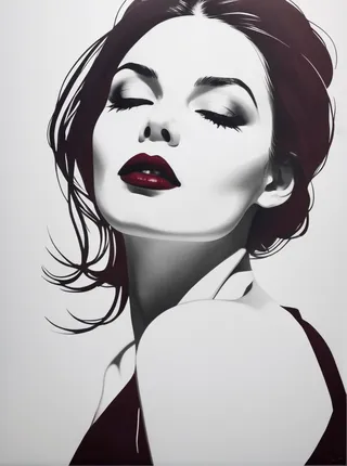 Minimalistic black and white high contrast portrait of a woman with closed eyes and maroon lips