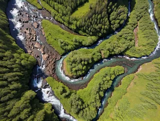 Aerial view of wild river meandering through lush green forest and rocky terrain with distant mountains in the background.