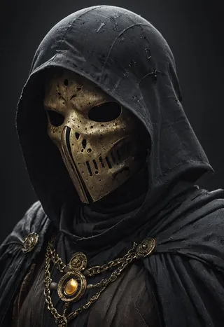 Hooded figure wearing a rotten golden plague doctor mask, detailed high collar cyberpunk samurai jacket with gold chains and a large black linen cape.