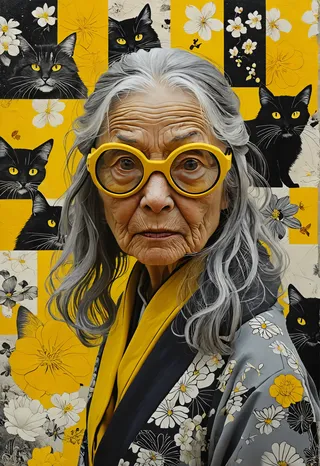 Portrait of an old woman with black and grey long hair wearing large yellow goggles, surrounded by a black and white collage featuring Japanese imagery and yellow-eyed black cats, in a mixed media collage style inspired by Shigeo Fukuda.