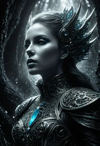 Black and white digital portrait of an ethereal, non-fairy being with photorealistic skin texture, wearing intricately detailed armor with glowing blue accents, illuminated by soft volumetric light with a bokeh background.