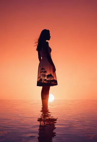 Silhouette of a girl standing in water during twilight with a double exposure effect showing a serene tree landscape within her dress against a vibrant sunset background.