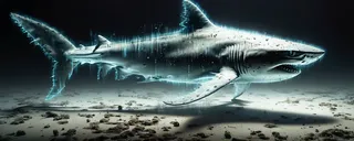 Un requin holographique transparent avec un effet de glitch estompé nage au-dessus d'un fond océanique sablonneux dans un environnement sombre cyberpunk sci-fi avec une atmosphère hantée et granuleuse.