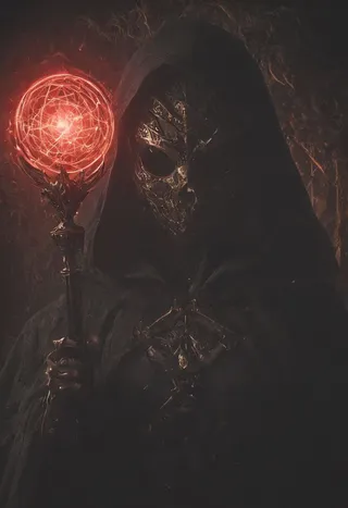 A dark, hooded cyborg samurai adorned in an intricate metallic mask holds a glowing red neon orb staff, featuring translucent details and a hyperpunk aesthetic.