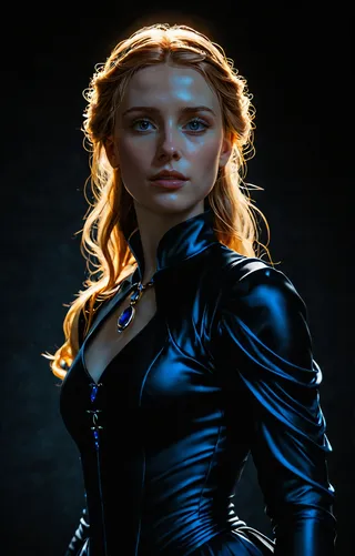 A medieval fantasy portrait of a woman with long amber hair, wearing a shiny obsidian outfit, illuminated by navy blue light contours against a dark background.