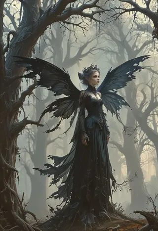 Regina delle fate gotica con ali regali strappate che si erge in una foresta oscura e contorta piena di alberi ombrosi.