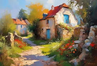 Highly detailed Breton landscape with quaint stone houses, bright blue doors, vibrant flowers, and winding path, rendered in warm oil painting style.
