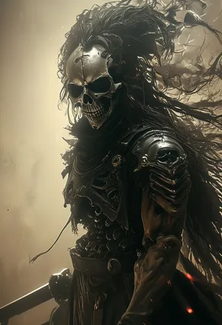 Close-up of a cyberpunk cyborg samurai skeleton assassin with disheveled long hair, wearing a black biker leather jacket amidst atmospheric haze.