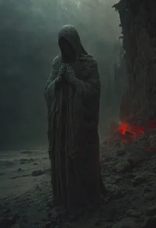 A dark hooded figure statue stands in a foggy, eerie landscape with a rocky ground and faint red glowing embers near a cliff.